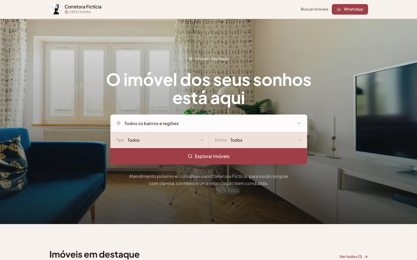 Site de uma corretora publicado na Ledora, com foto de capa, busca por bairro, tipo e dormitórios